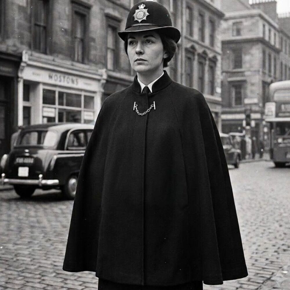 VTG 60s UK Wool Military/Police Cape Womens OSFA Black Cloak Silver Neck Chain